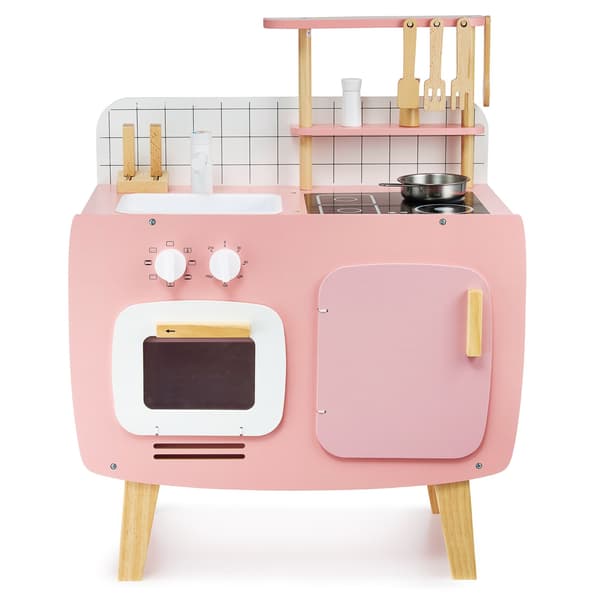 Retro træ køkken med forklæde og tilbehør - pink