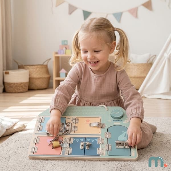 Montessori aktivitetsbräda i trä hus med lås sensorisk lek