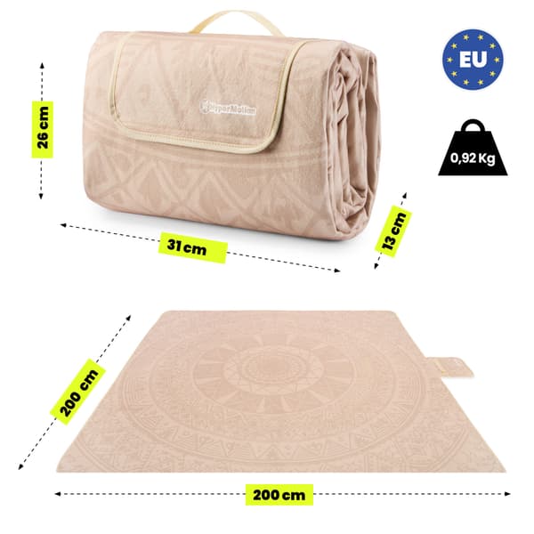 HyperMotion XXL picknickfilt 200×200 cm – beige boho-mandala