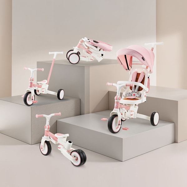 HyperMotion TOBI FOREST 8-i-1 trehjuling för barn – roterbart säte, EVA-hjul, solskydd, hopfällbar, 1–5 år