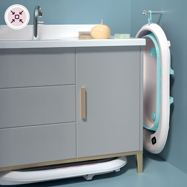 Sammenklappeligt babybadekar med termometer, indsats og stativ - mintfarvet