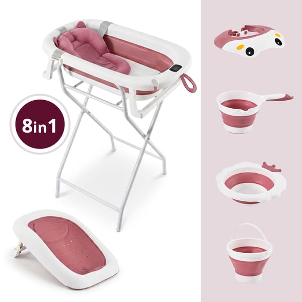 Moby-System hopfällbar babybadbalja 8-i-1 med stativ, rosa