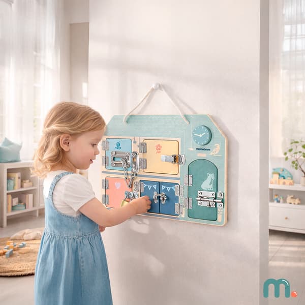 Montessori aktivitetsbräda i trä hus med lås sensorisk lek