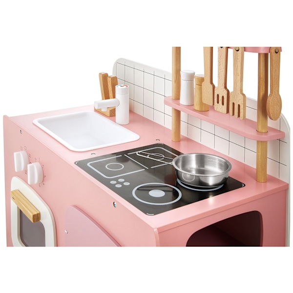 Retro träkök med förkläde och tillbehör - rosa