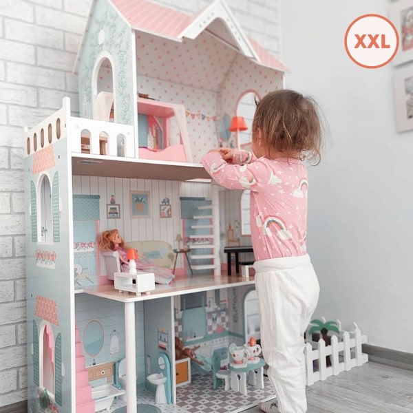 XXL Suurin puinen nukkekoti - 123 cm - LED-taustavalaistu - terassi, tarvikkeet, puutarha