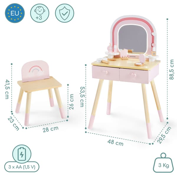 Mamabrum sminkbord i trä för barn med LED, pall och tillbehör