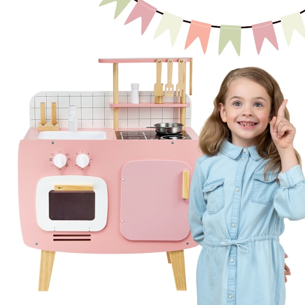 Retro träkök med förkläde och tillbehör - rosa