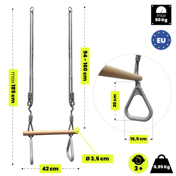 Gymnastiktrapez för barn HyperMotion med ringar justerbar