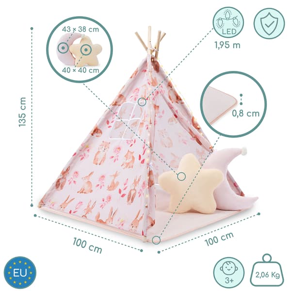Tipi til børn Mamabrum – magisk legetelt i pink med LED