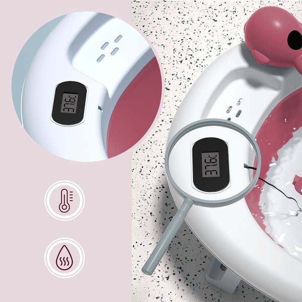 Barnbadkar, hopfällbart med termometer och stativ rosa