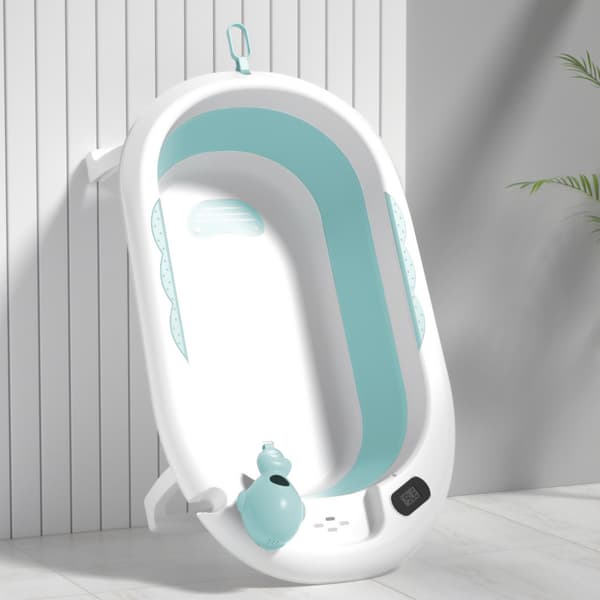 Sammenklappeligt babybadekar med termometer, indsats og stativ - mintfarvet