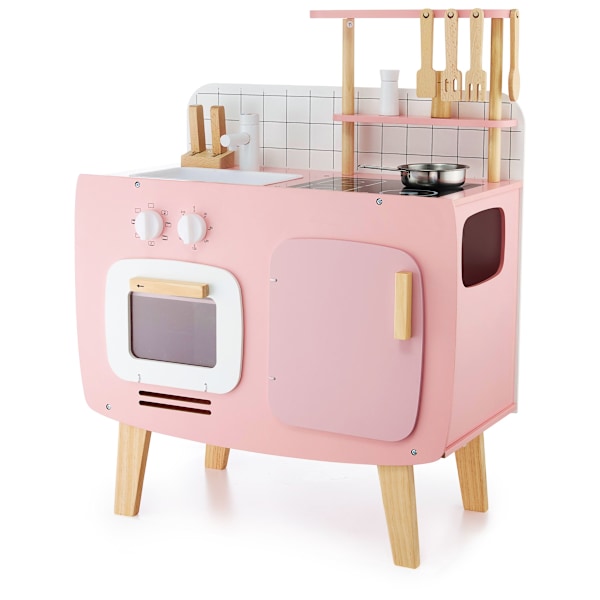 Retro träkök med förkläde och tillbehör - rosa