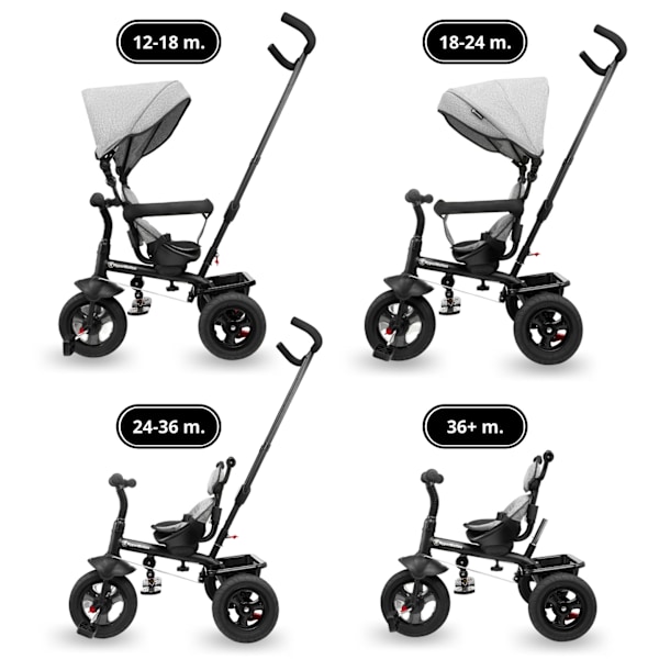 Trehjuling för barn 1-4 år - TOBI FREY - grå färg - svängbar - pumpade hjul + tryckare Gray