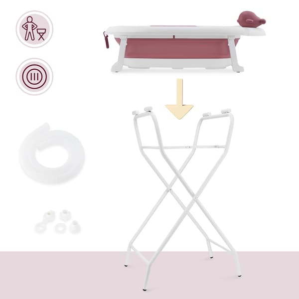 Barnbadkar, hopfällbart med termometer och stativ rosa