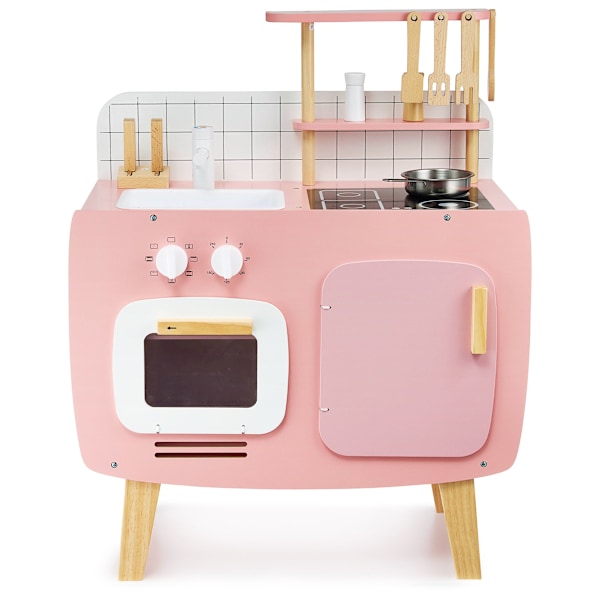Retro træ køkken med forklæde og tilbehør - pink