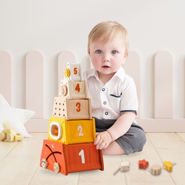 Montessori-pedagogisk träpyramid - formsortering, labyrint, siffror