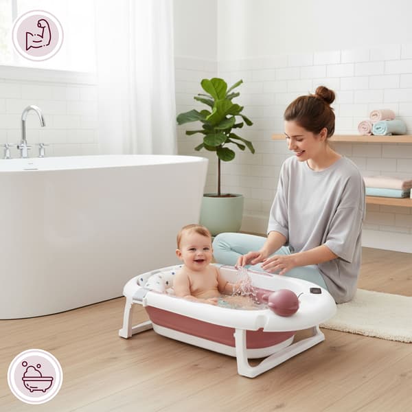 Barnbadkar, hopfällbart med termometer och stativ rosa