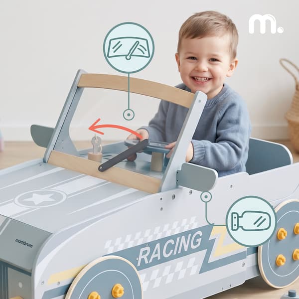 Träbil för barn, Mamabrum, MAM371, interaktiv cockpit och verkstad