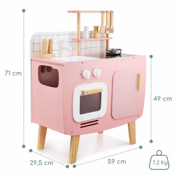 Retro træ køkken med forklæde og tilbehør - pink