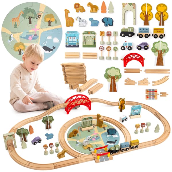 Puuinen ZOO-junarata puzzlealustalla Mamabrum