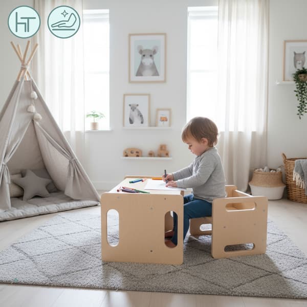 Multifunktionellt Montessori-set i trä – bord, stol & pall