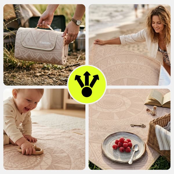 HyperMotion XXL picknickfilt 200×200 cm – beige boho-mandala