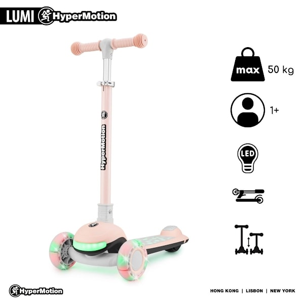 HyperMotion LUMI 3-i-1 sparkcykel för barn med LED-belysning, justerbart säte Pink