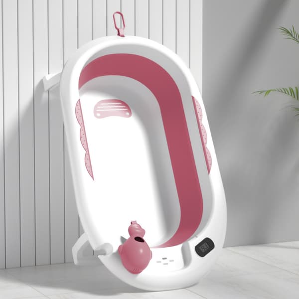 Barnbadkar, hopfällbart med termometer och stativ rosa
