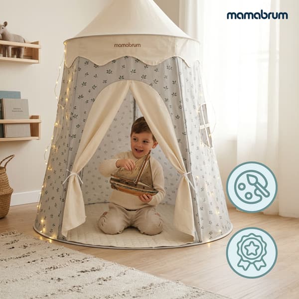 Mamabrum legetelt som slot med måtte og LED-lys, bladmønster
