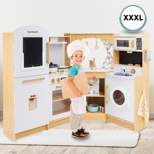 XXXXL stort interaktivt träkök med LED-belysning, tvättmaskin, mikrovågsugn, kaffemaskin samt frukt- och grönsaksuppsättning - 50 element