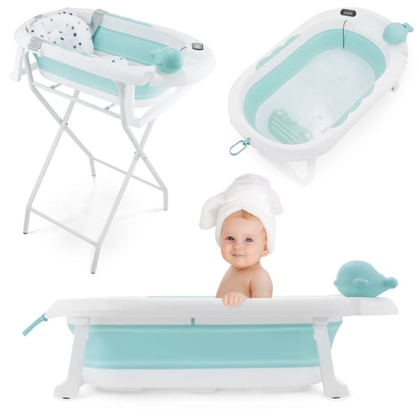 Sammenklappeligt babybadekar med termometer, indsats og stativ - mintfarvet
