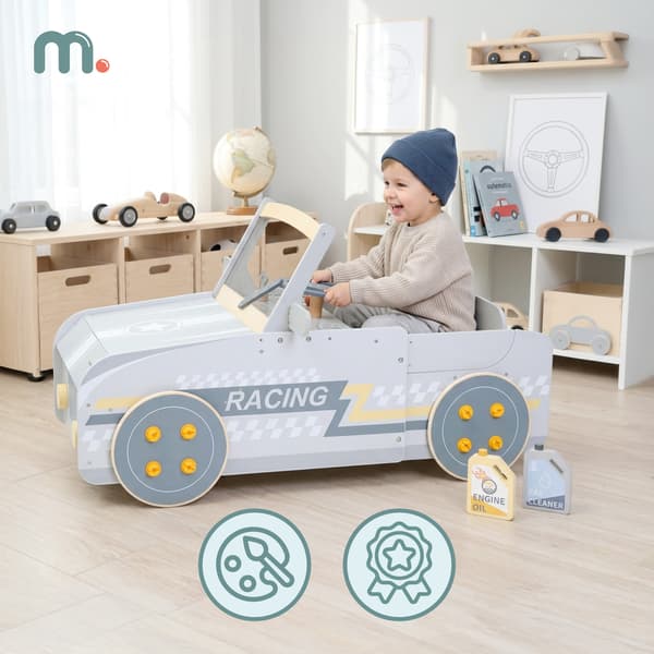 Träbil för barn, Mamabrum, MAM371, interaktiv cockpit och verkstad