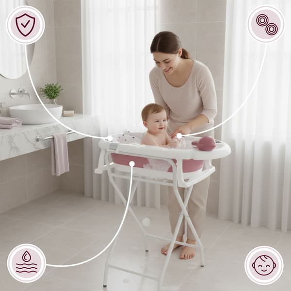 Barnbadkar, hopfällbart med termometer och stativ rosa