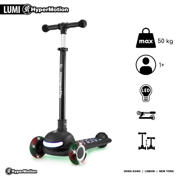 HyperMotion LUMI 3-i-1 sparkcykel för barn med LED-belysning, justerbart säte Black
