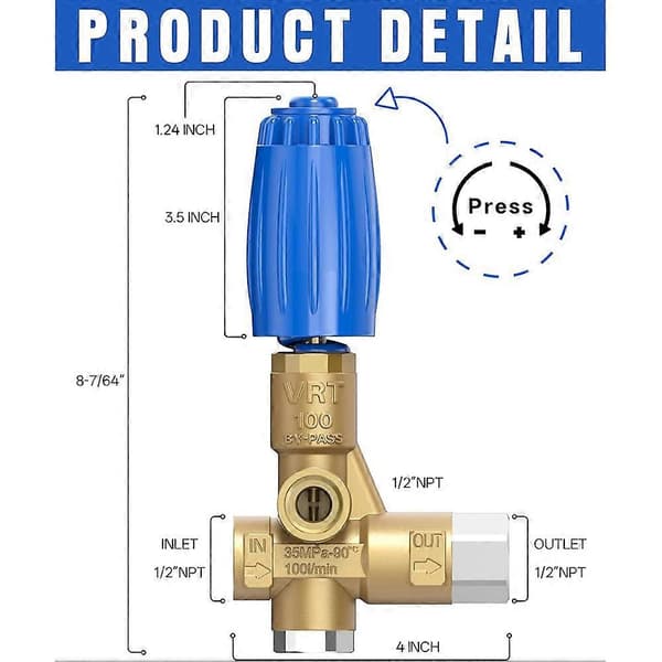 V.B 85/310 Avlastningsventil för högtryckstvättspump med ratt för VRT100 för PA, AR, Comet, Cat, BE och General Pumps