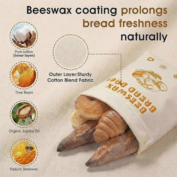 2-pack extra stora brödpåsar i bivax med dragkedja, återanvändbart naturligt bivaxfoder, miljövänlig brödförvaring i bomull
