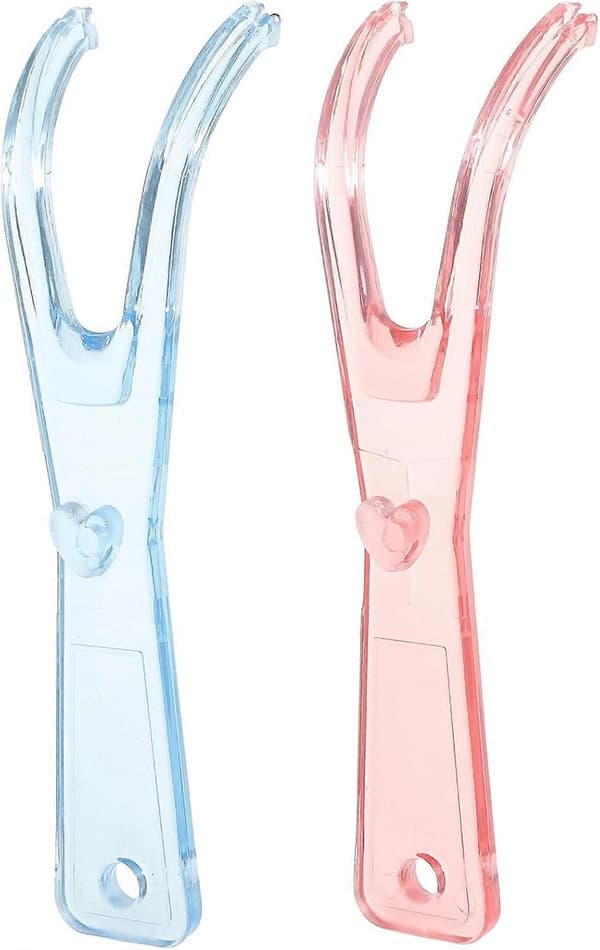 Set med 2 återanvändbara tandtrådshållare (rosa + blå)