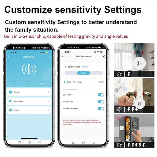3X Zigbee Smart Vibrationssensor Lutningsdetektor, Hemsäkerhetsskydd, App-aviseringar i realtid, Kompatibel med Zigbee 3.0 Gateway