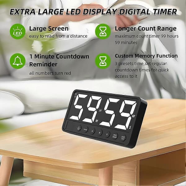 Extra stor digital kökstimer med 7,4\" LED-skärm, magnetisk stativtimer för matlagning, hemmagym, svart