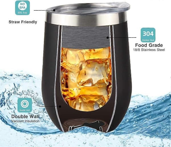 Dubbelväggig vinglasmugg i rostfritt stål med lock, kaffemugg för camping och resor, 2-pack