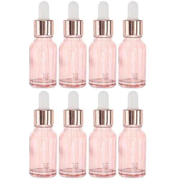 8-pack rosa glasdroppflaskor 15 ml, läckagesäker rund droppflaska för eteriska oljor, parfym, aromaterapi