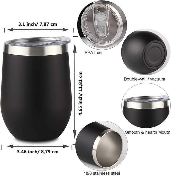 Dubbelväggig vinglasmugg i rostfritt stål med lock, kaffemugg för camping och resor, 2-pack