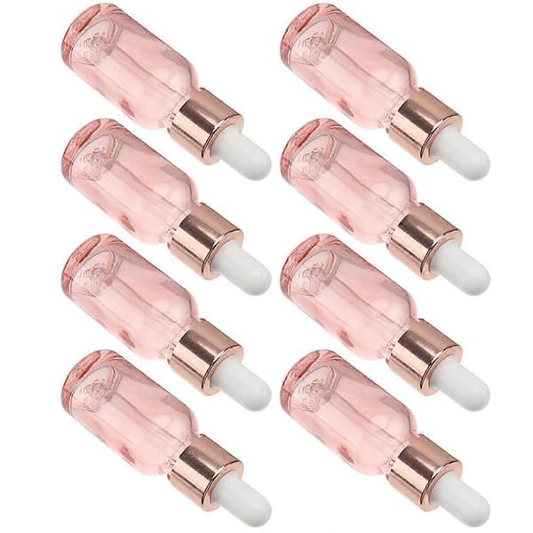 8-pack rosa glasdroppflaskor 15 ml, läckagesäker rund droppflaska för eteriska oljor, parfym, aromaterapi