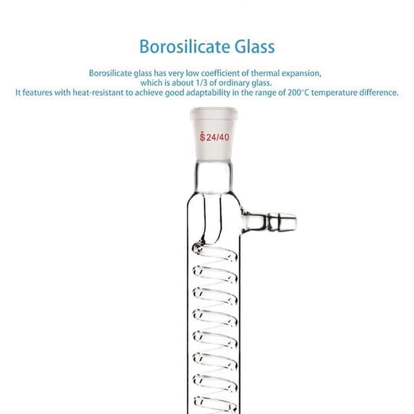 2-pack borosilikatglaskondensor, 24/40-koppling, 300 mm mantelängd, serpentinspiral för destillation och återflöde