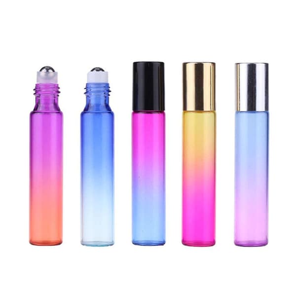 10 ml tomma roll-on-flaskor, flerfärgad gradientglasparfymflaska, påfyllningsbar för eteriska oljor, 5-pack