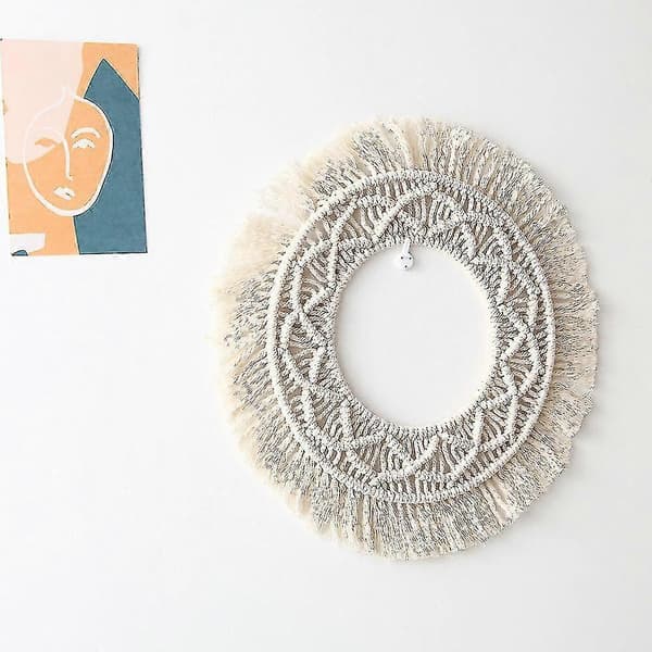 Boho Makrame Väggspegeltapet, Handgjord Vävd Solformad Dekorativ Ram för Hem Vardagsrum, Hall, Dörr, 34 cm Diameter
