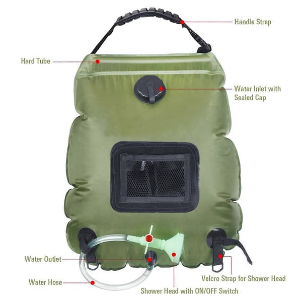 2-pack 20L solduschväska för camping, bärbar utomhusdusch med justerbart vattenflöde, solvärme, vandring, strand