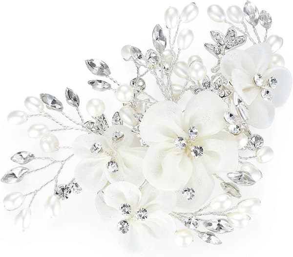 Hårkam med silverblomma för kvinnor, handgjord bröllopsaccessoar med strass och pärlor