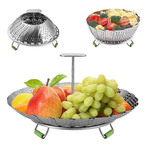 Vikbar ångkorg i rostfritt stål, justerbar 5,1-9 tum, för matlagning, 2-pack