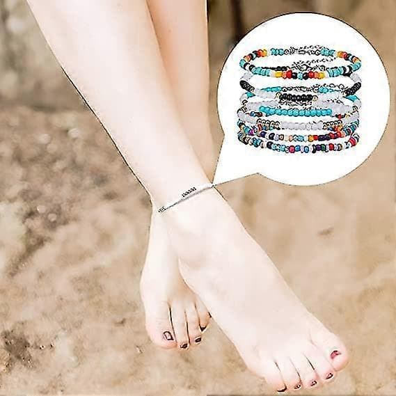 Färgglada handgjorda pärlanklar för kvinnor, justerbar elastisk snodd i boho-stil, 8-10 tum, 6-pack
